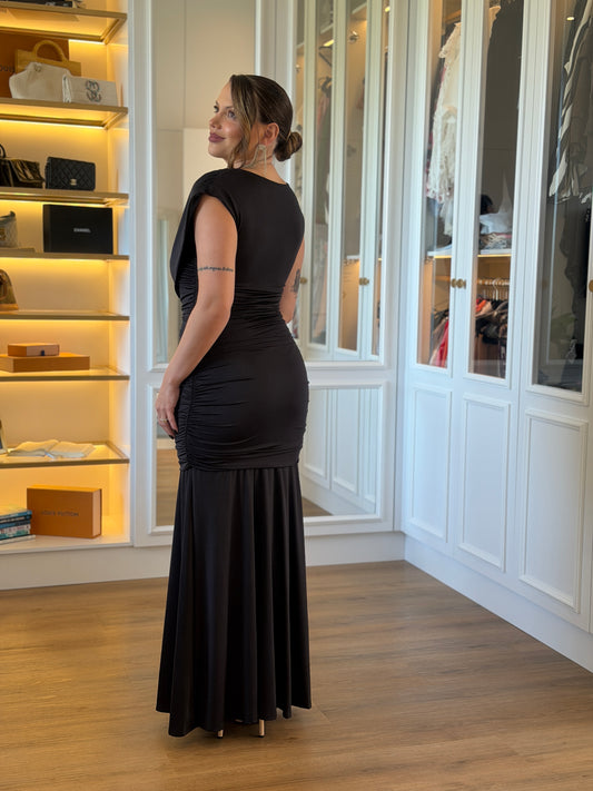 Vestido Longo Drapeado com Decote Degagê