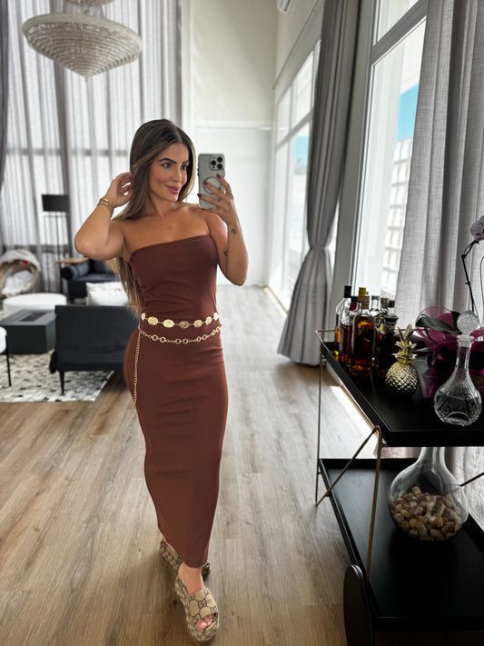 Vestido Tomara que Caia Canelado