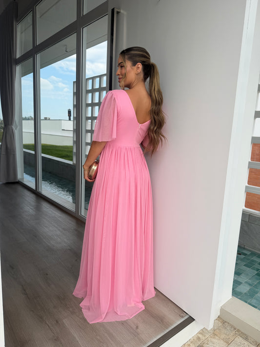 Vestido com Decote V, Fenda e Saia Plissada Fluida