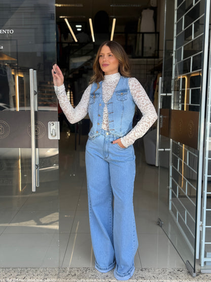 Conjunto Jeans Colete e Calça Wide Leg