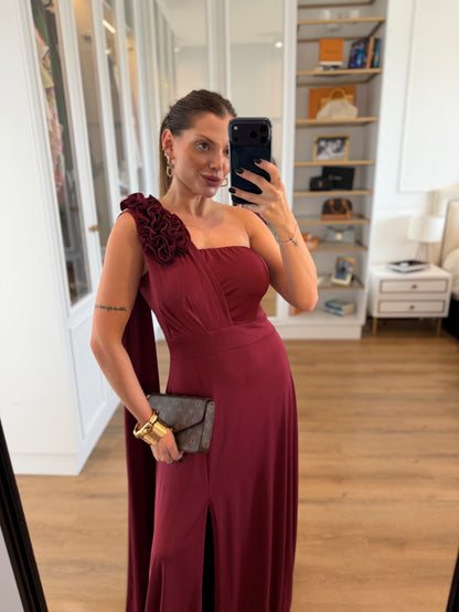 Vestido Karina Um Ombro Só Detalhe Flor e Fenda