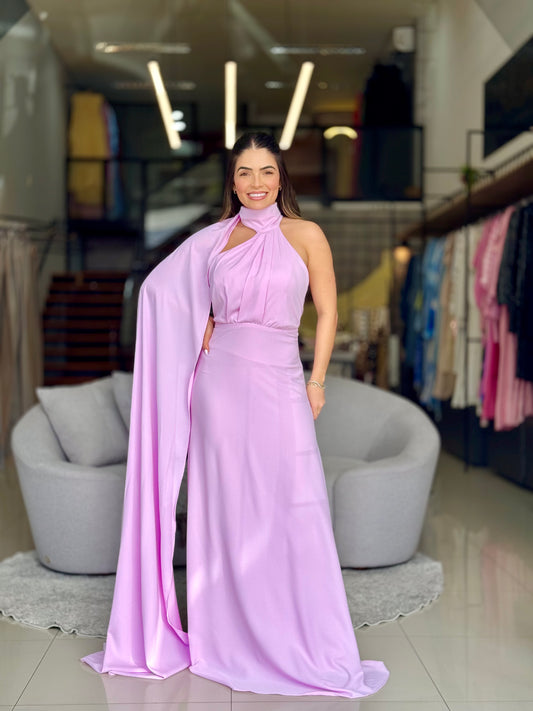 Vestido Longo Gola Alta e Capa Fluida