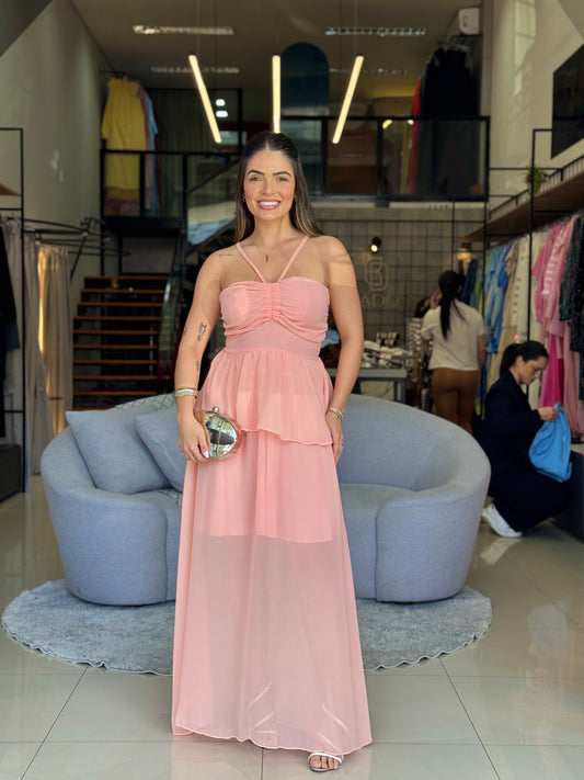 Vestido com Alças Finas e Babado Fluido