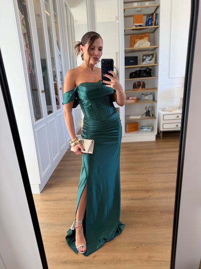 Vestido Longo Ombro a Ombro com Corselet e Fenda