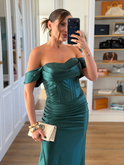 Vestido Longo Ombro a Ombro com Corselet e Fenda