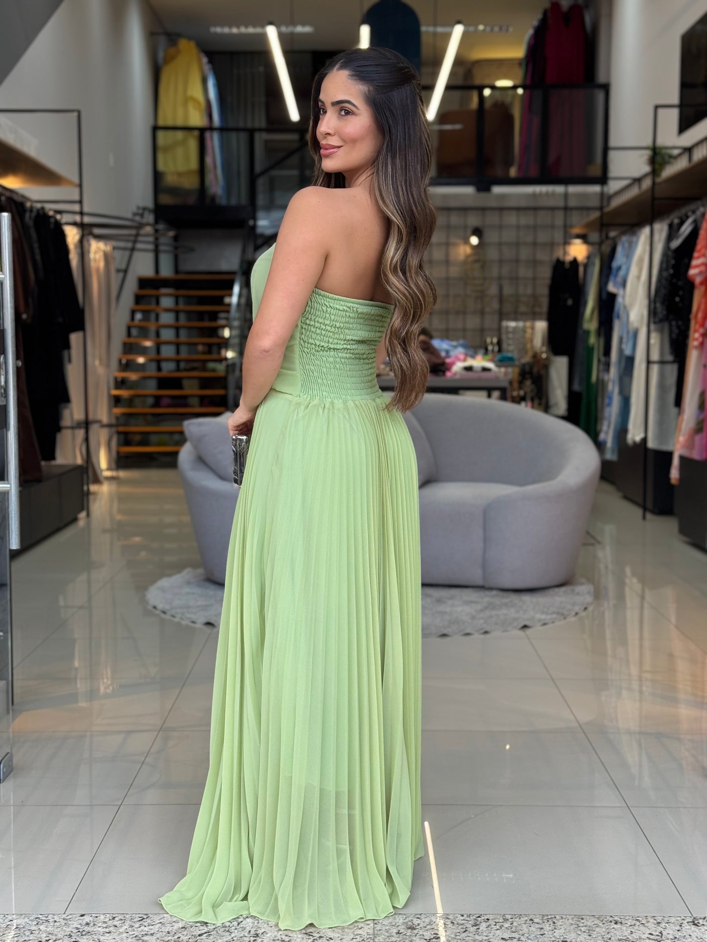 Vestido Longo Tomara que Caia Plissado