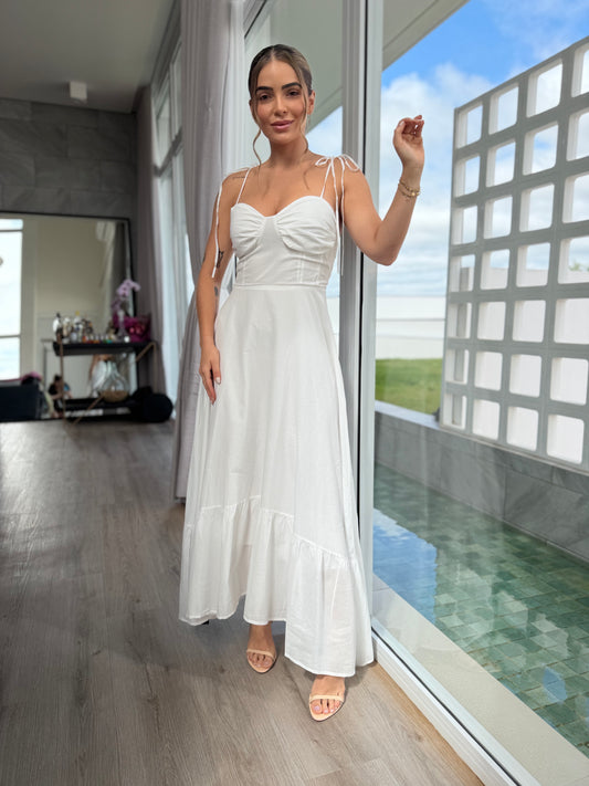 Vestido Midi com Alças Amarração e Decote Franzido