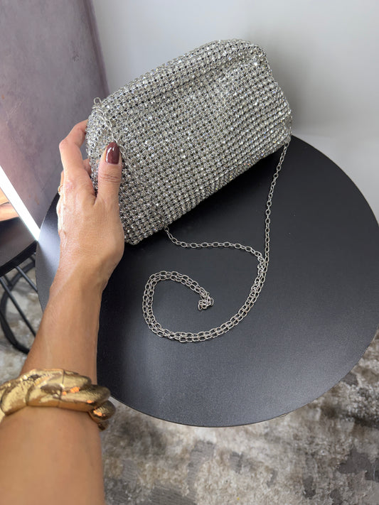 Clutch Brilho Strass Prata com Alça de Corrente