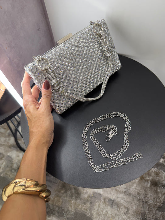 Bolsa Clutch de Festa Prateada com Strass e Alça de Corrente Removível