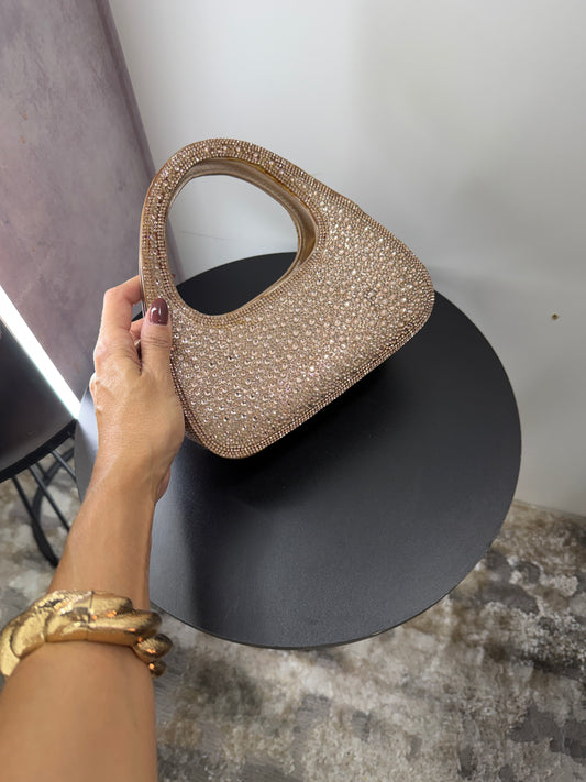 Bolsa Clutch Dourada com Strass e Alça de Mão