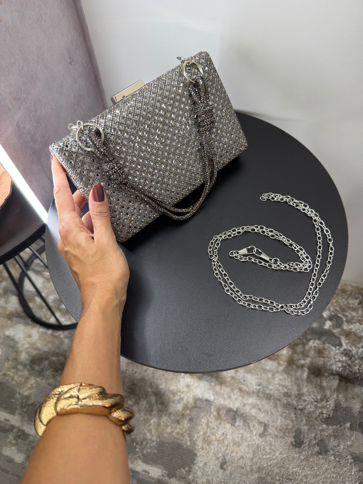 Bolsa Clutch de Festa com Strass e Corrente Removível Prata