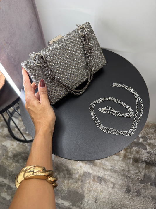 Bolsa Clutch de Festa com Strass e Corrente Removível Prata