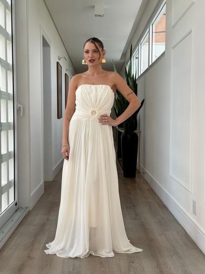 Vestido Longo Plissado Tomara que Caia com Detalhe Frontal