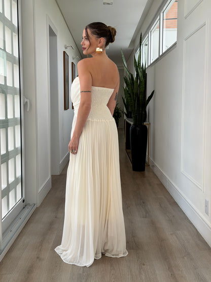 Vestido Longo Plissado Tomara que Caia com Detalhe Frontal