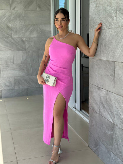 Vestido Midi com Fenda Um Ombro