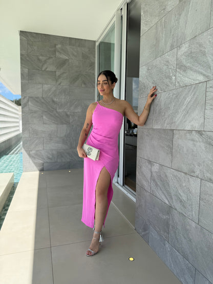 Vestido Midi com Fenda Um Ombro
