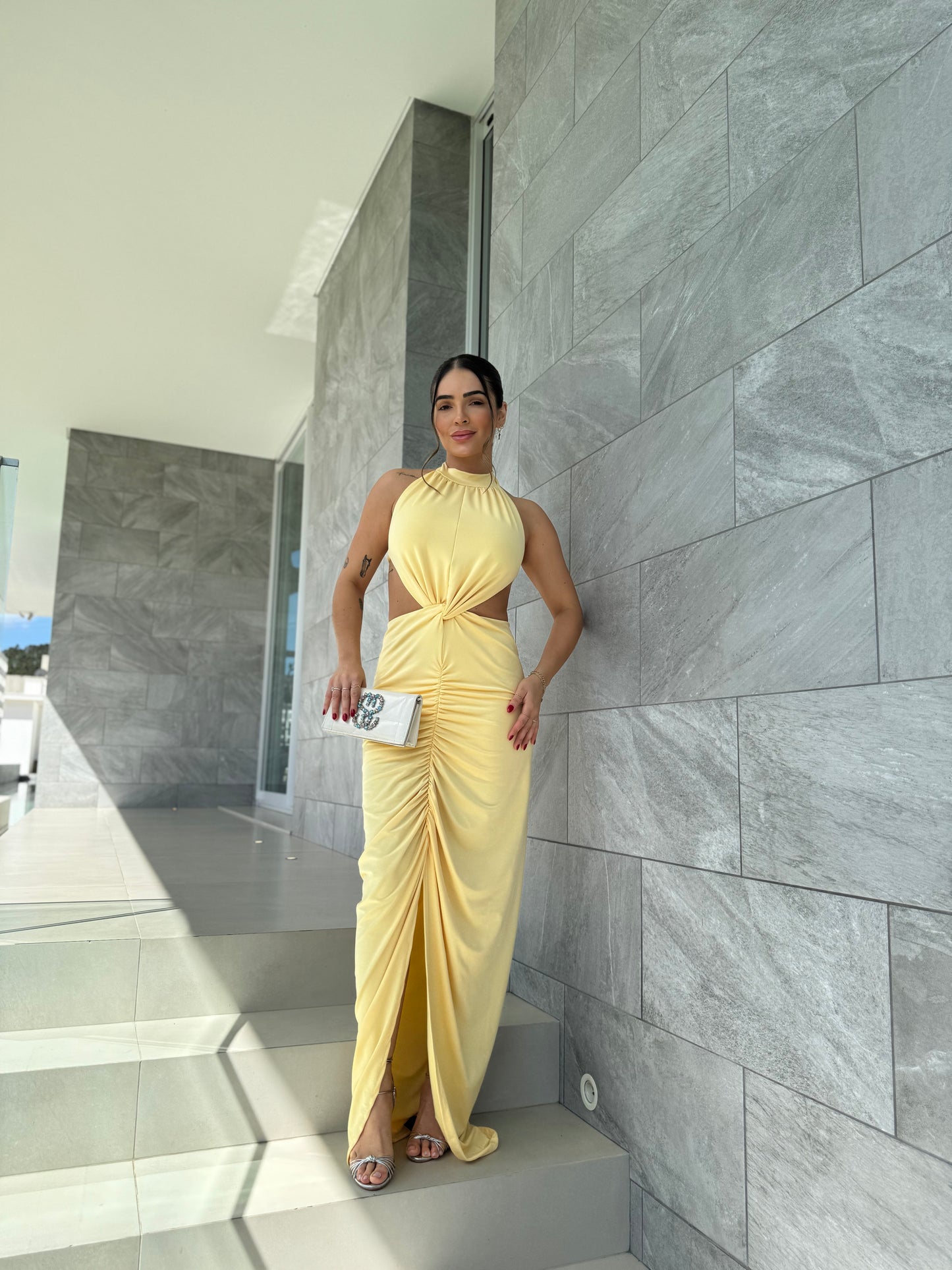 Vestido Longo Drapeado com Fenda