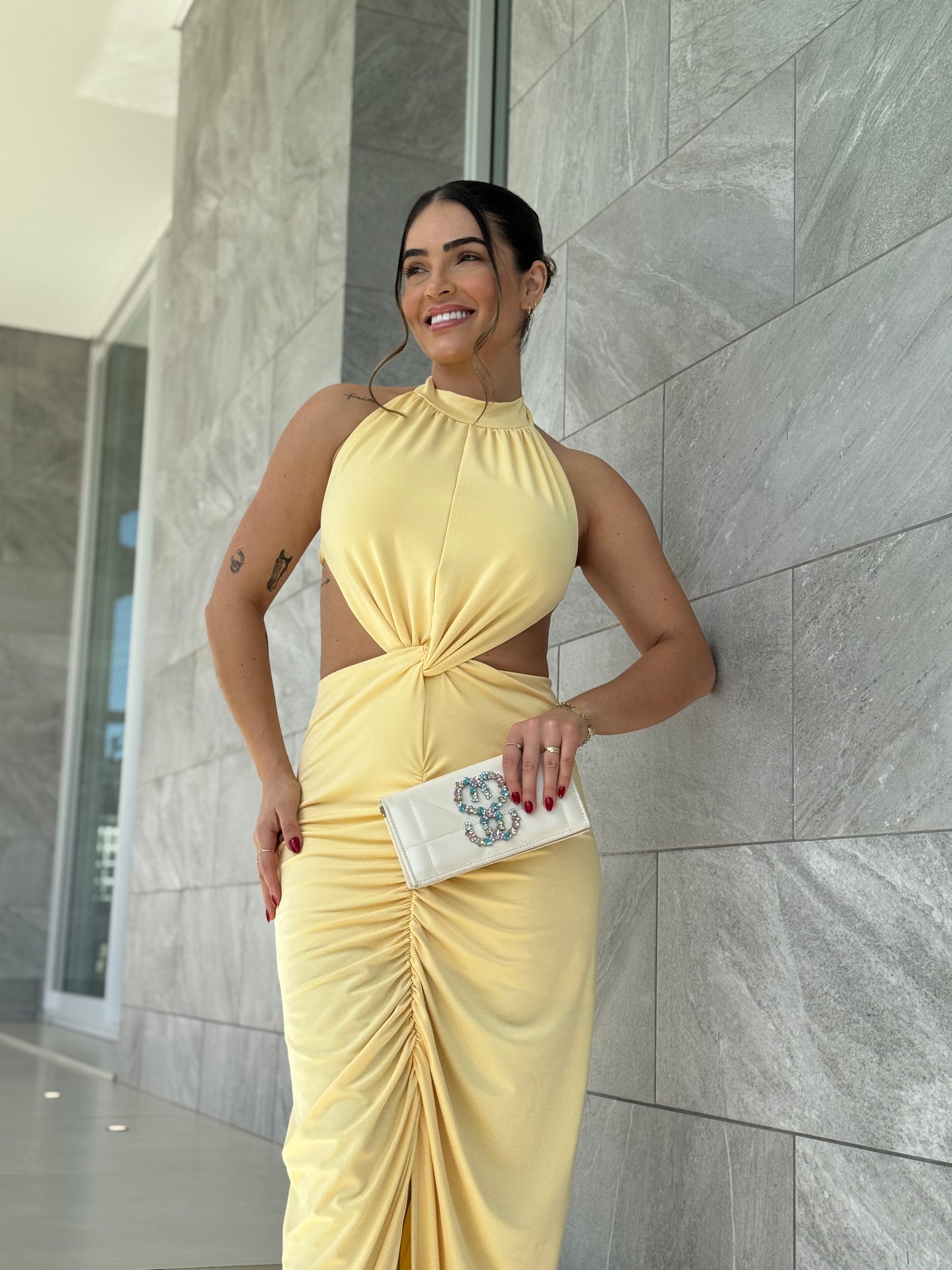 Vestido Longo Drapeado com Fenda