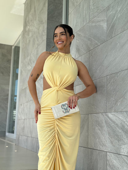 Vestido Longo Drapeado com Fenda