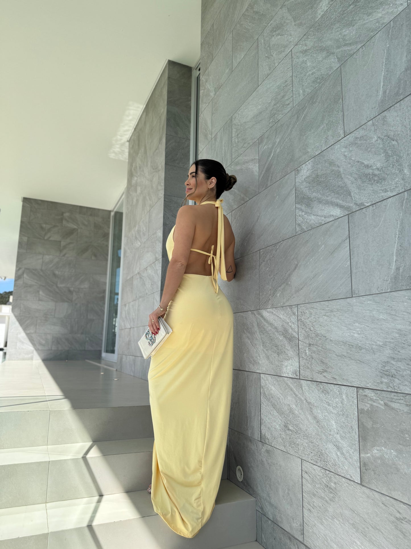 Vestido Longo Drapeado com Fenda