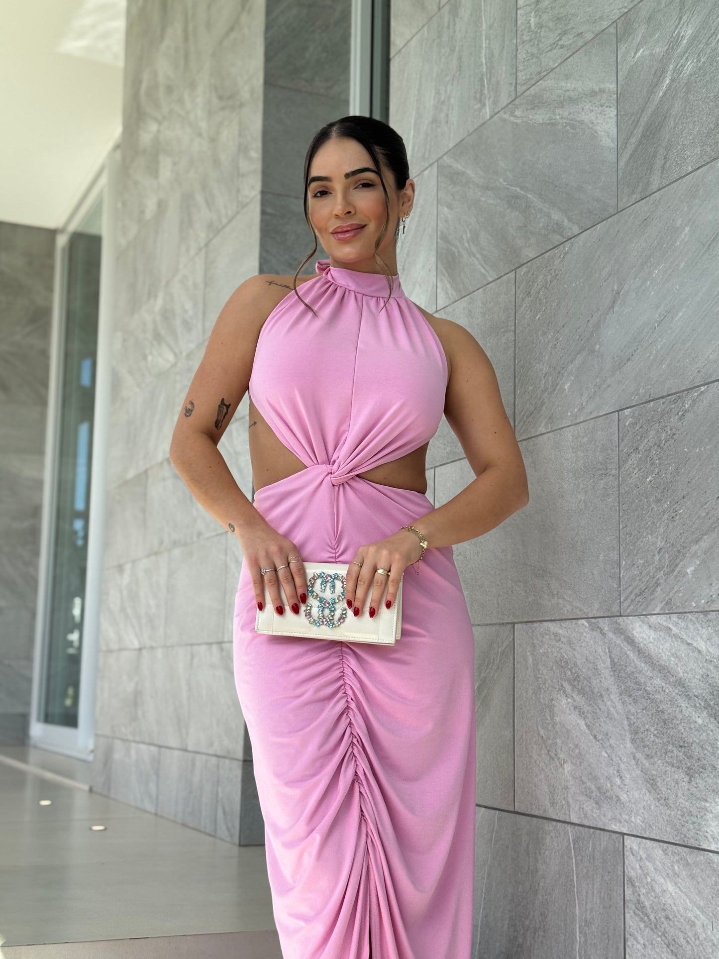 Vestido Longo Drapeado com Fenda