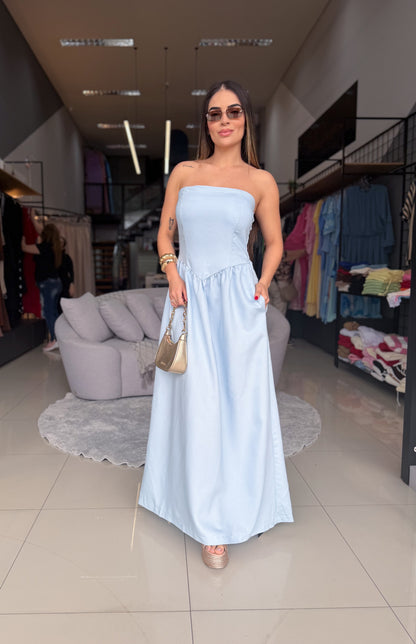 Vestido longo Tomara que Caia Recorte cintura baixa