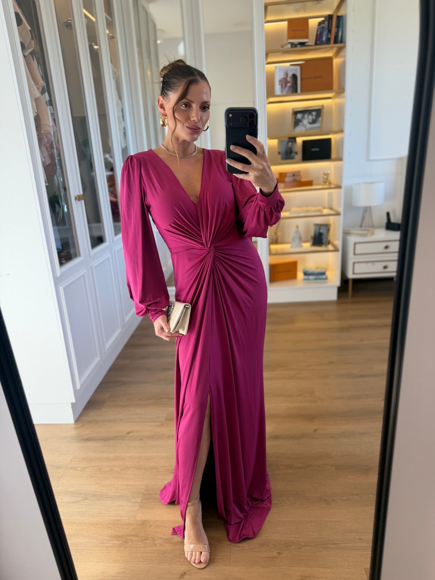 Vestido Karina com Drapeado Frontal Manga Longa