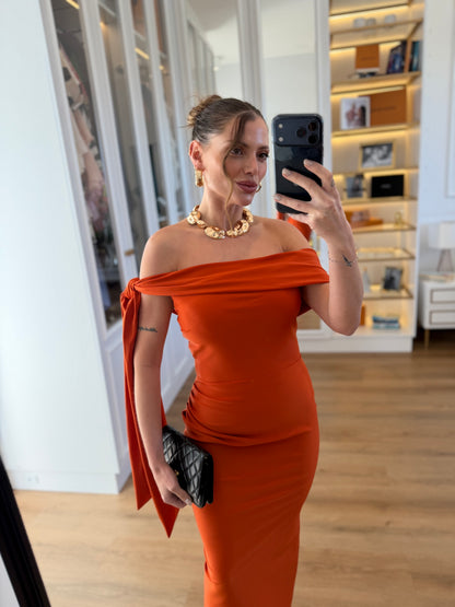 Vestido Midi Ombro a Ombro com Faixa Lateral