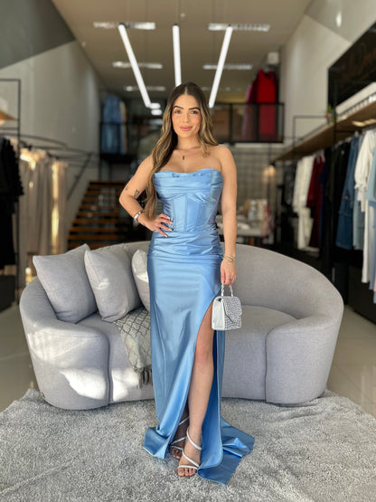 Vestido Longo Acetinado com Corset e Fenda