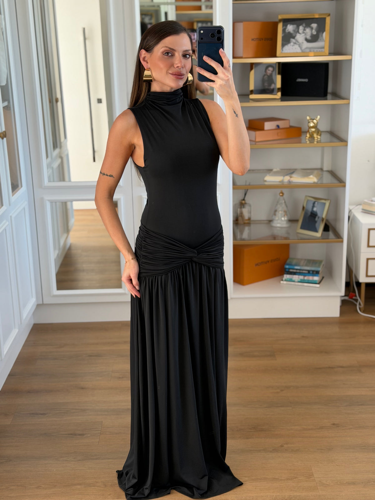 Vestido Vivi Gola Alta com Drapeado na Cintura