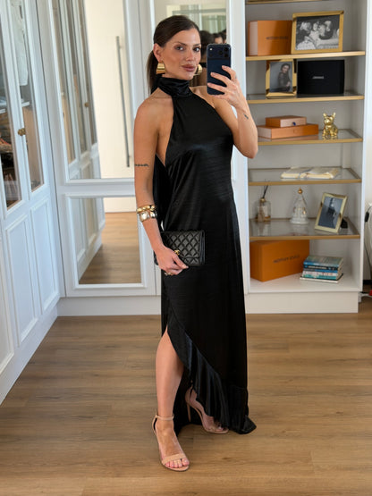 Vestido Frente Única com Costas Abertas e Barra Assimétrica