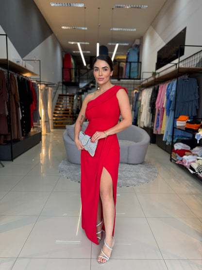 Vestido Um Ombro com Fenda