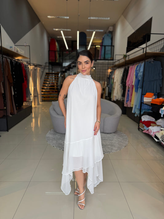 Vestido Midi Assimétrico em Chiffon  com Gola Alta