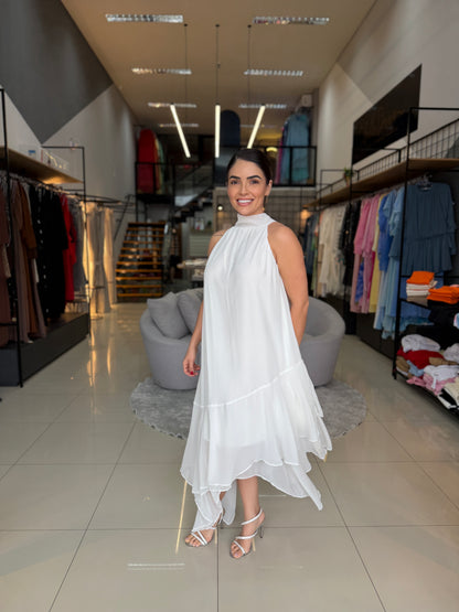 Vestido Midi Assimétrico em Chiffon  com Gola Alta