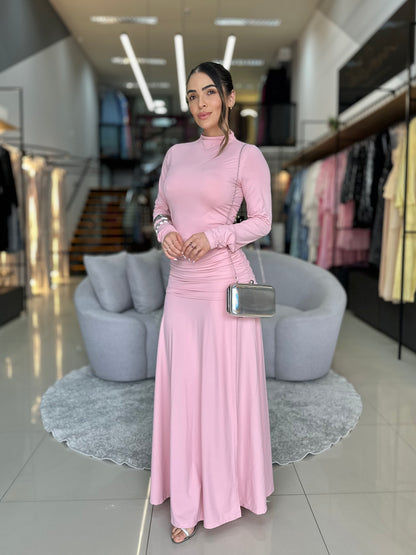 Vestido Manga Longa com Fenda e Drapeado