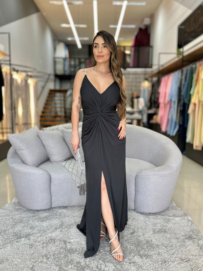 Vestido com Drapeado Central e Fenda