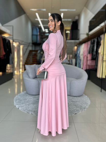Vestido Manga Longa com Fenda e Drapeado