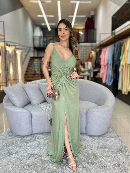 Vestido com Drapeado Central e Fenda