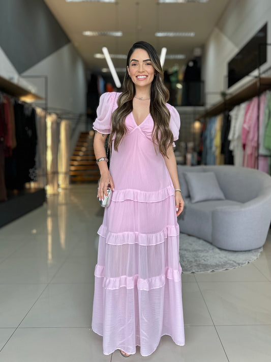 Vestido Longo com Babados e Manga Bufante