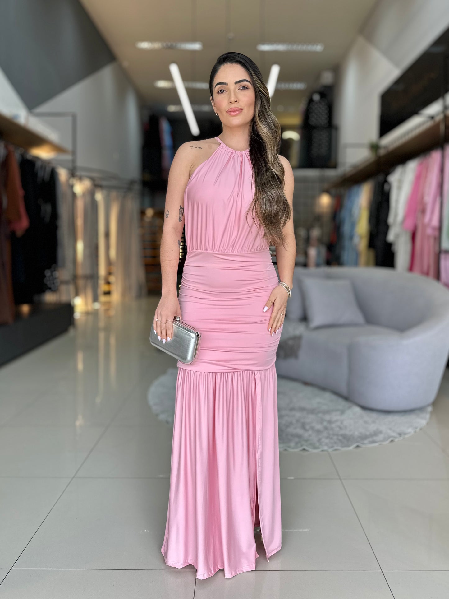 Vestido Frente Única e Drapeado Quadril