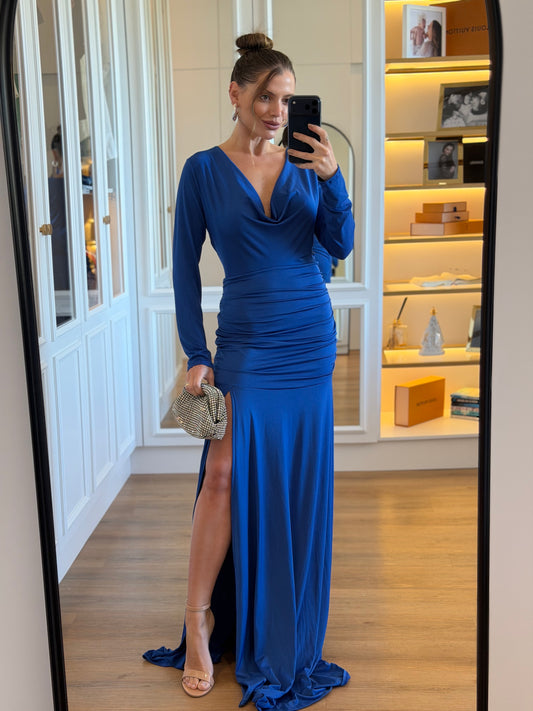 Vestido Longo com Decote Drapeado e Fenda