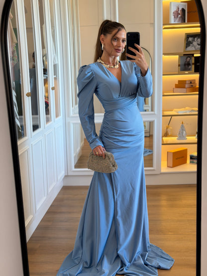 Vestido Manga Princesa com Decote Transpassado e Drapeados