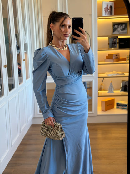 Vestido Manga Princesa com Decote Transpassado e Drapeados