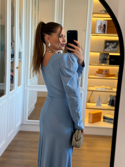 Vestido Manga Princesa com Decote Transpassado e Drapeados