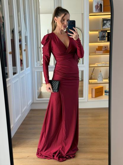 Vestido Manga Princesa com Decote Transpassado e Drapeados