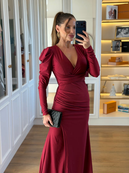Vestido Manga Princesa com Decote Transpassado e Drapeados