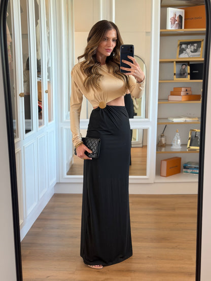 Vestido Vivi Bicolor com Recorte e Fivela Dourada