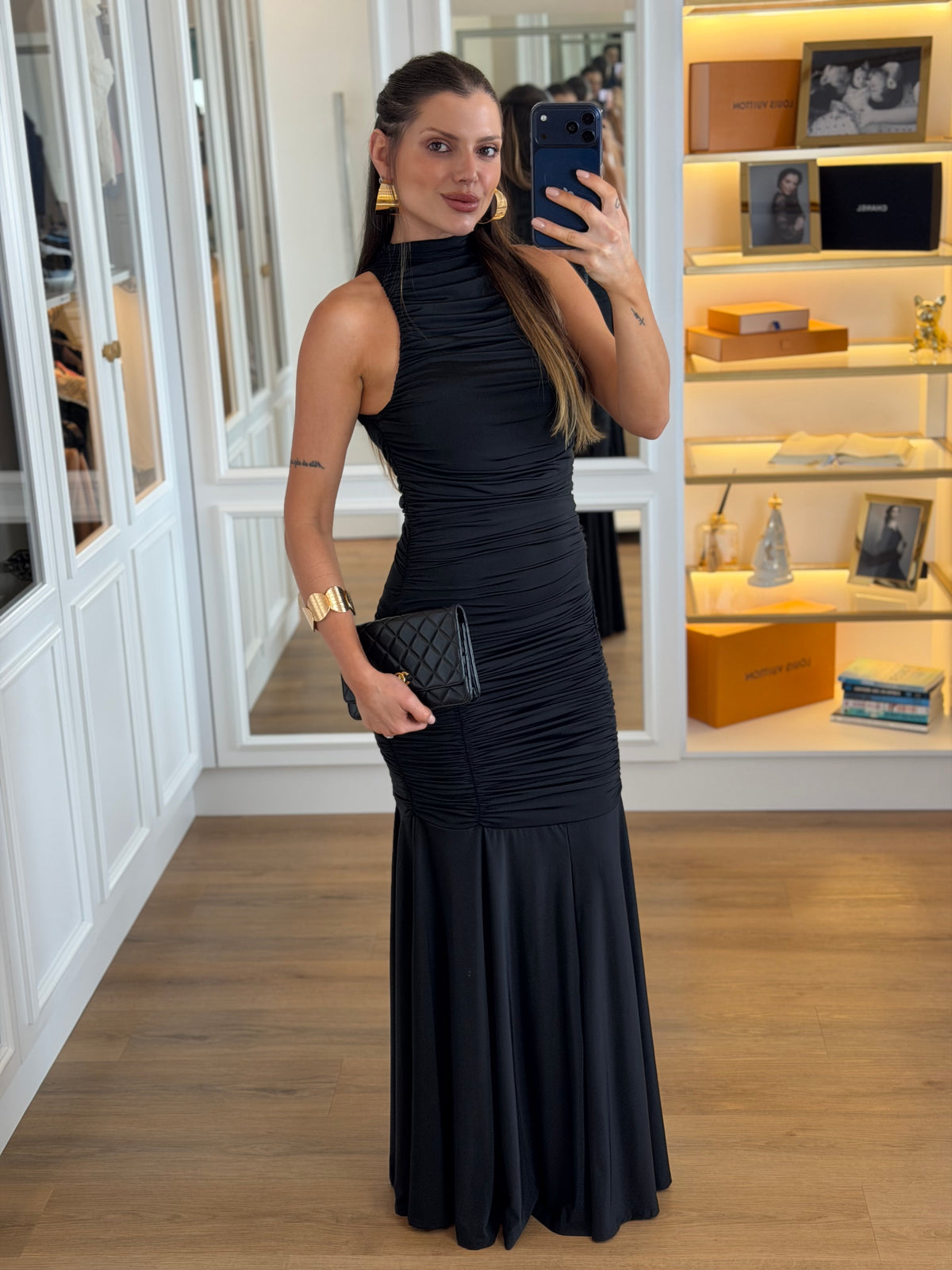 Vestido Longo Franzido com Gola Média
