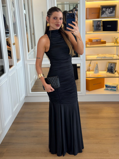 Vestido Longo Franzido com Gola Média