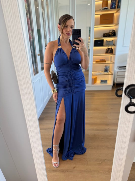 Vestido Longo Drapeado com Decote Profundo